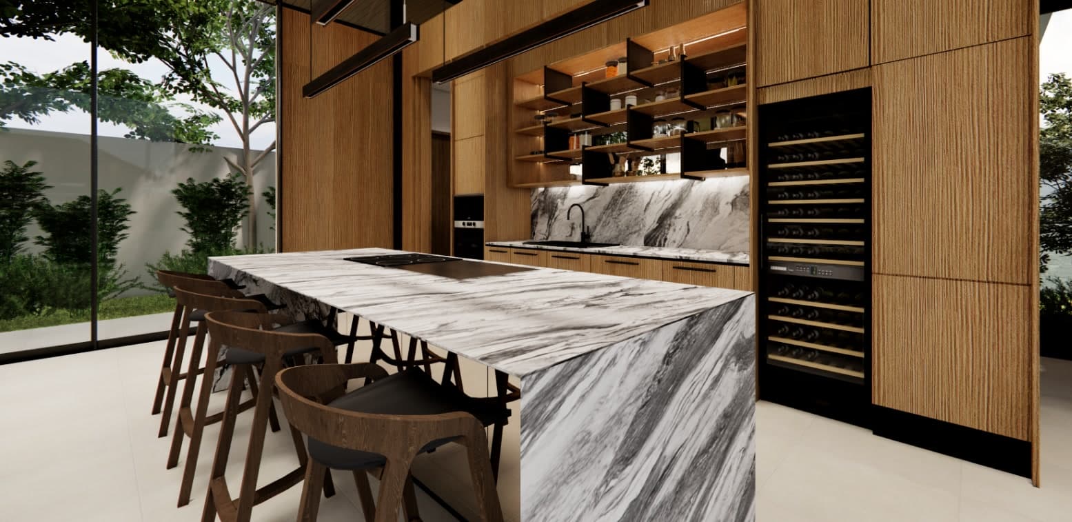 Marble island and timber kitchen